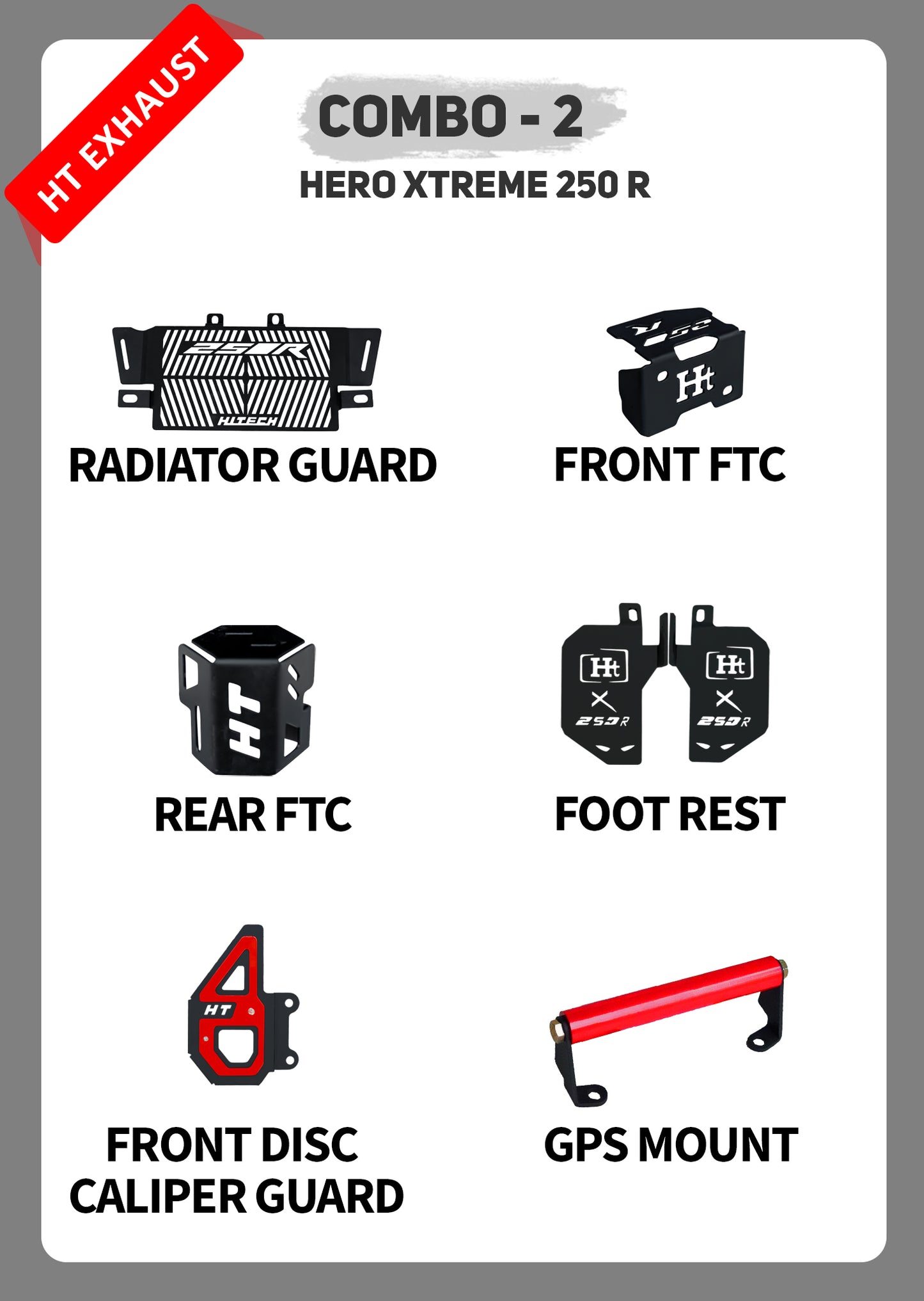 COMBO 2 XTREME 250R RADIATOR GUARD + FTC FRONT & REAR + FOOTREST + FRONT DISC CALIPER GUARD + GPS MOUNT