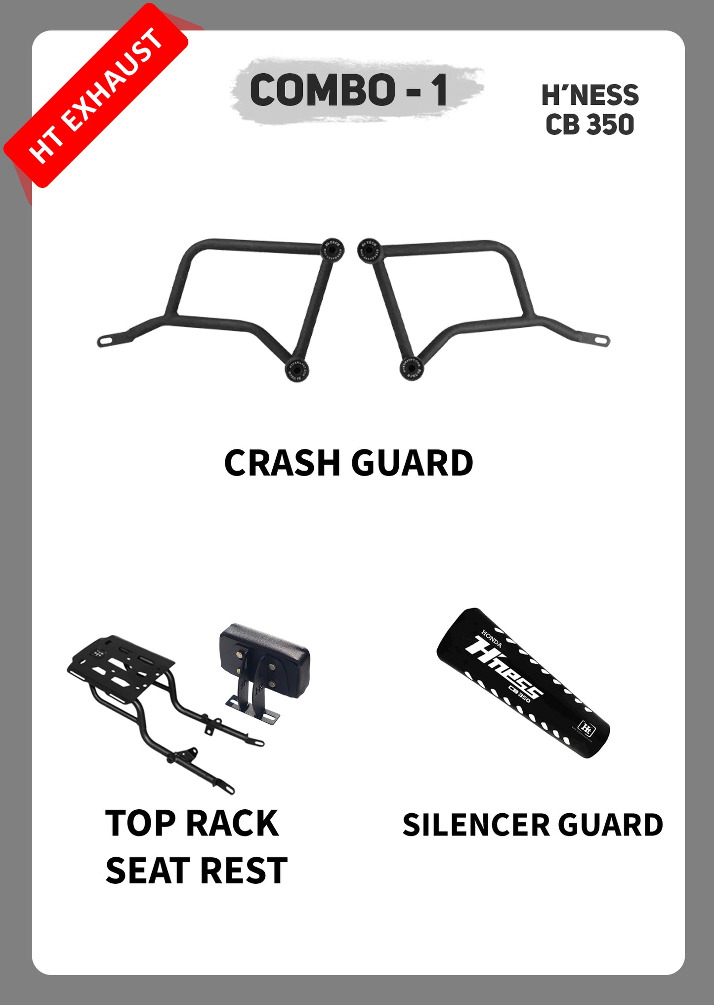 COMBO 1 HNESS CB350 CRASH GUARD + TOP RACK + SEAT REST + SILENCER GUARD
