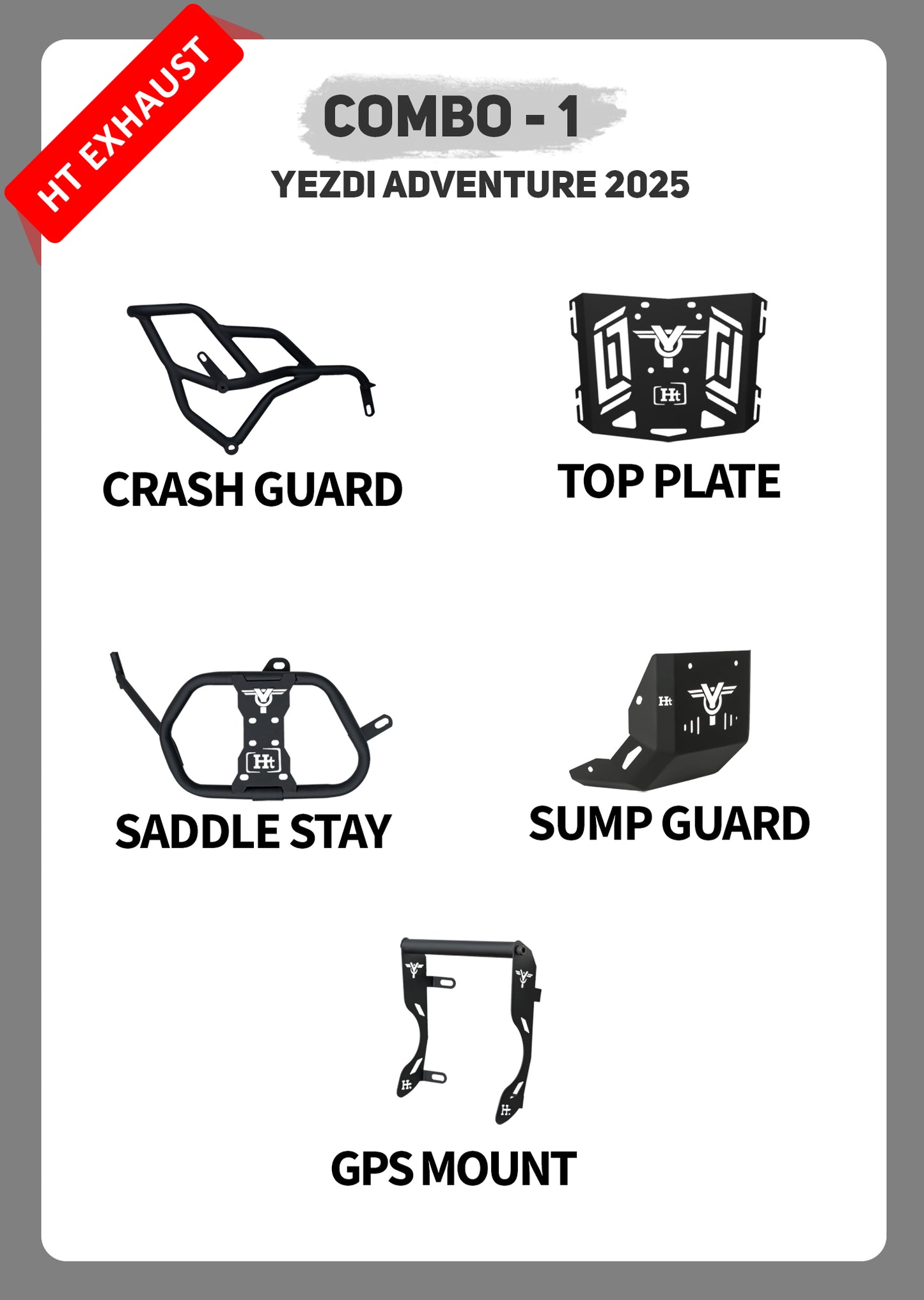 COMBO 1 YEZDI ADVENTURE CRASH GUARD + TOP PLATE + SADDLE STAY + SUMP GUARD + GPS MOUNT