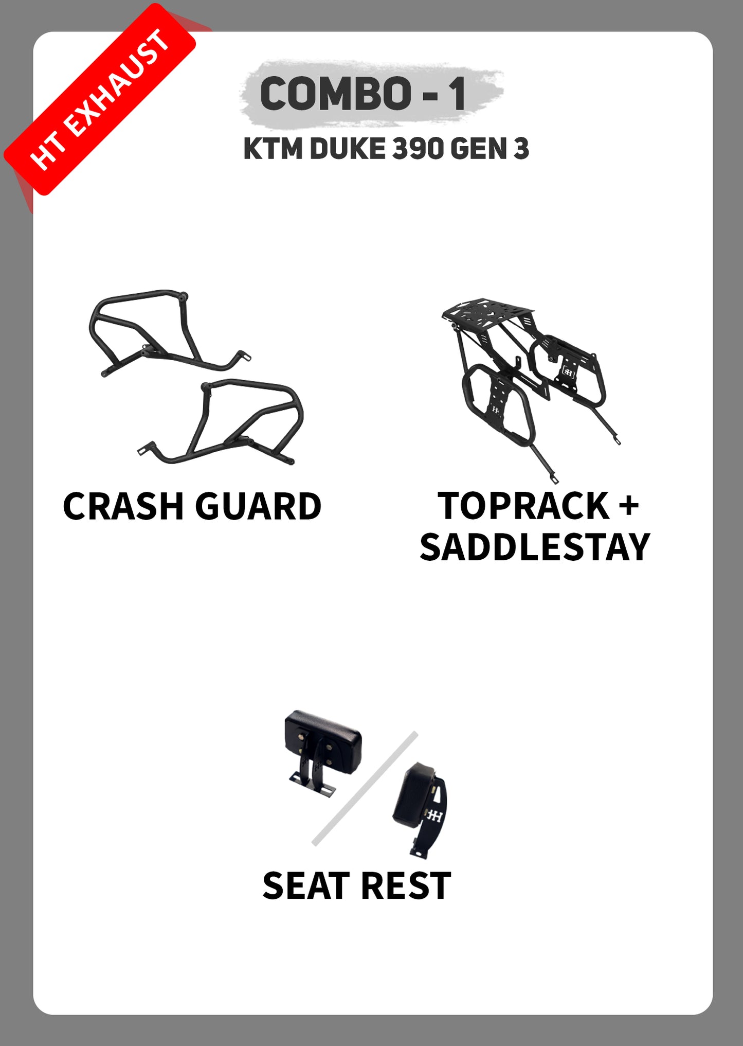 COMBO 1 DUKE GEN3 250 & 390 CRASH GUARD + TOP RACK SADDLE STAY + SEAT REST