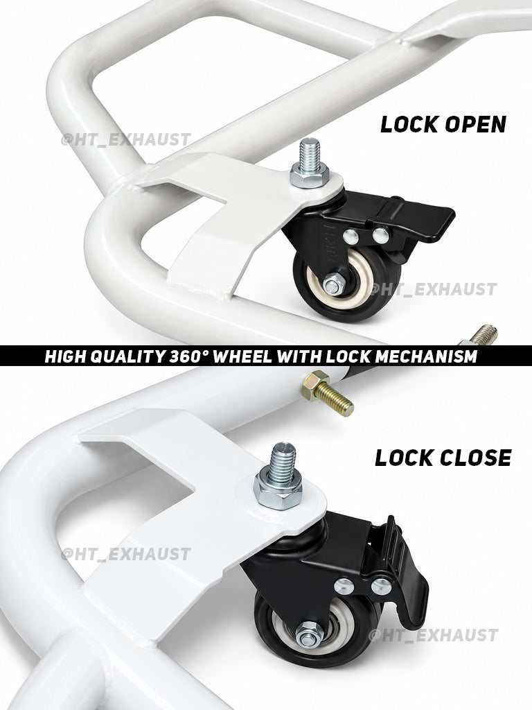Paddock 360 white motorcycle stand rear view - HT Exhaust