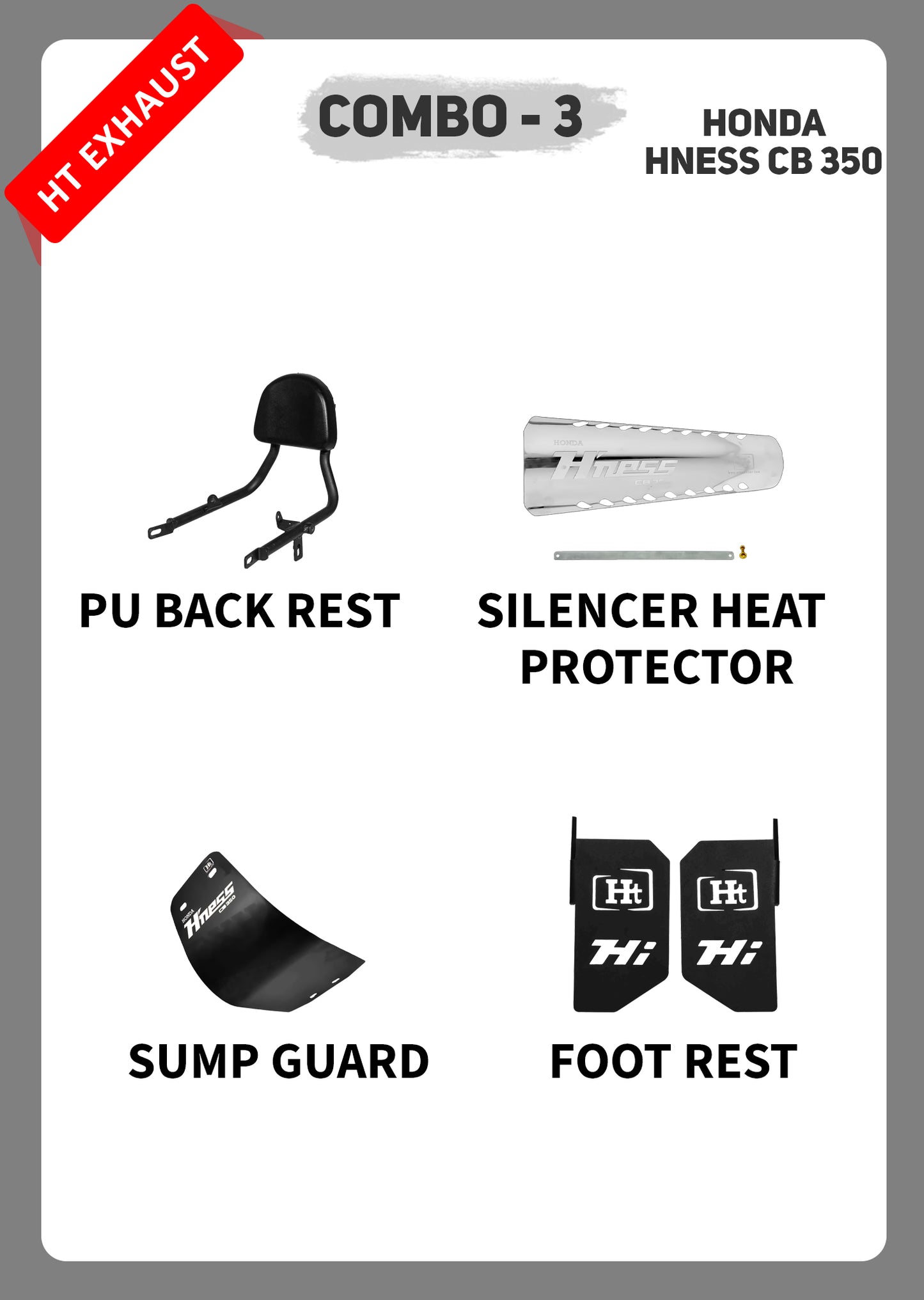 COMBO 3 HNESS CB 350  PU SEAT REST + SILENCER HEAT PROTECTOR + SUMP GUARD + FOOTREST