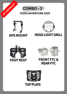 COMBO 2 YEZDI ADVENTURE  GPS MOUNT + HEAD LIGHT GRILL + FOOTREST + FTC FRONT & REAR + TOP PLATE
