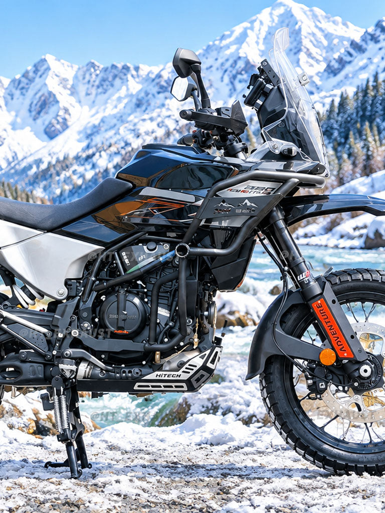 HT Exhaust black crash guard installed on KTM 250 390 Adventure 2025