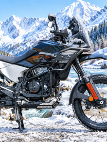 HT Exhaust black crash guard installed on KTM 250 390 Adventure 2025