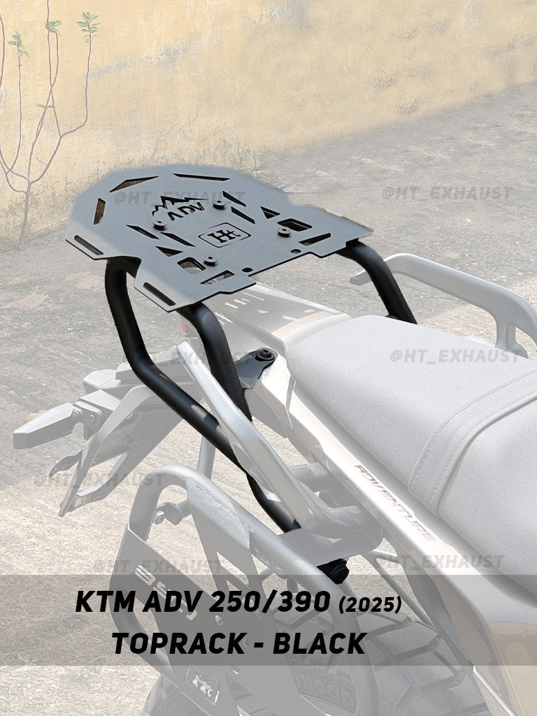 KTM 250/390 Adventure 2025 black top rack SB 1256-BLK installed - HT Exhaust