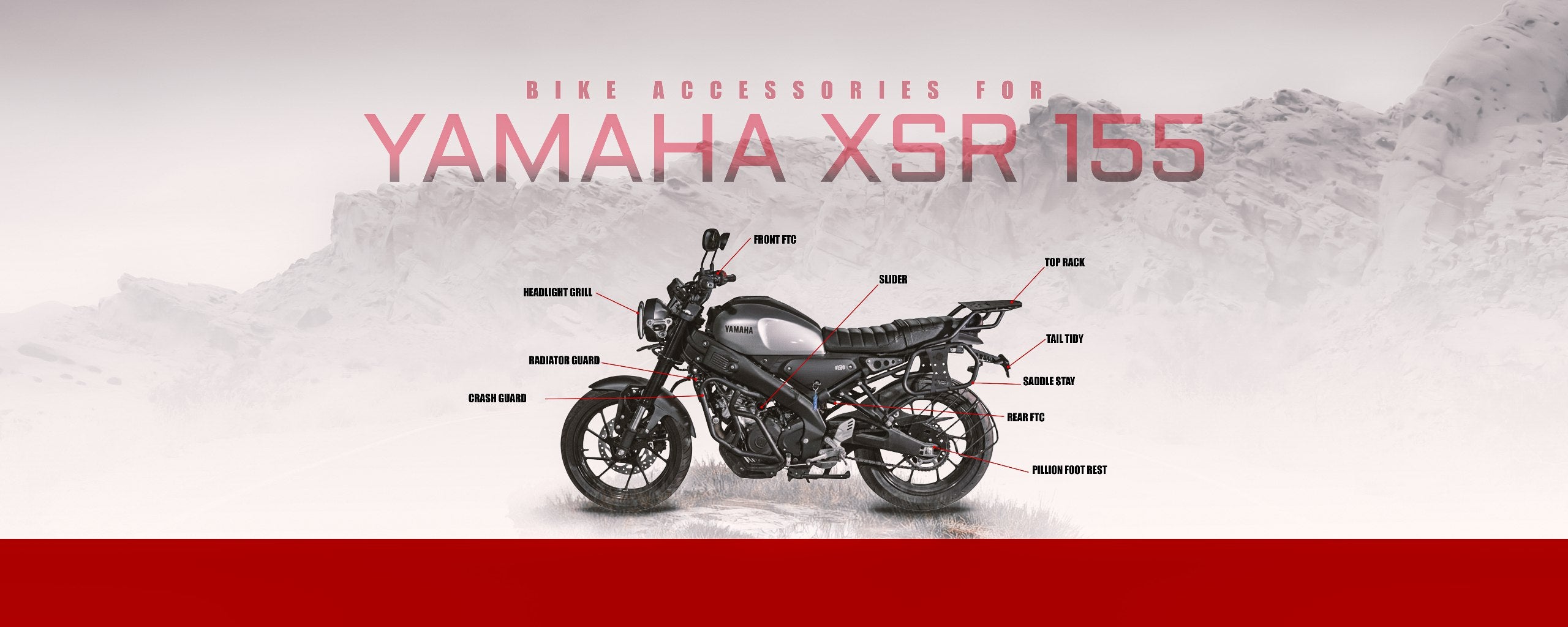 Yamaha XSR 155 motorcycle with accessories on a snowy background