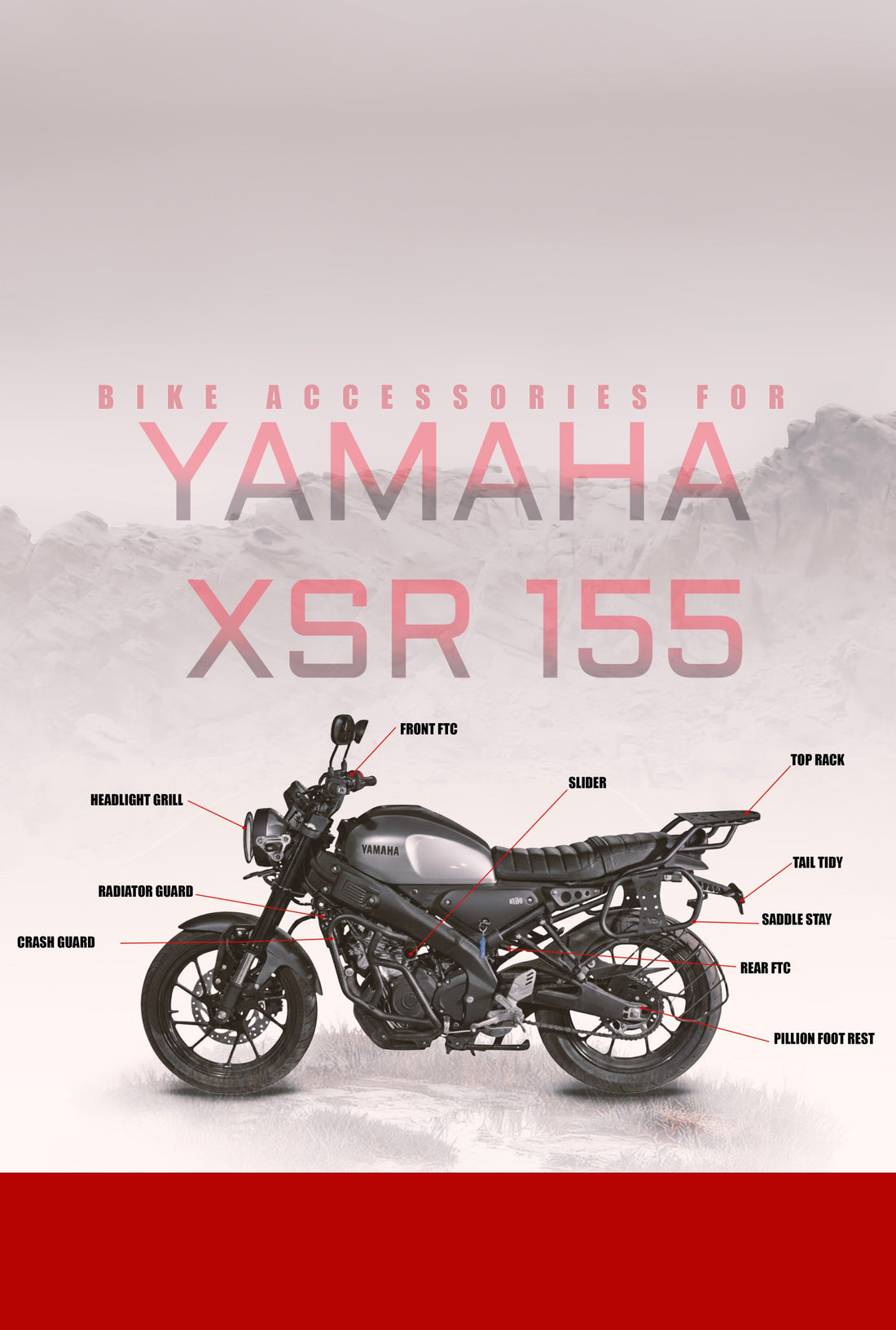 Yamaha XSR 155 motorcycle with labeled accessories on a gray background